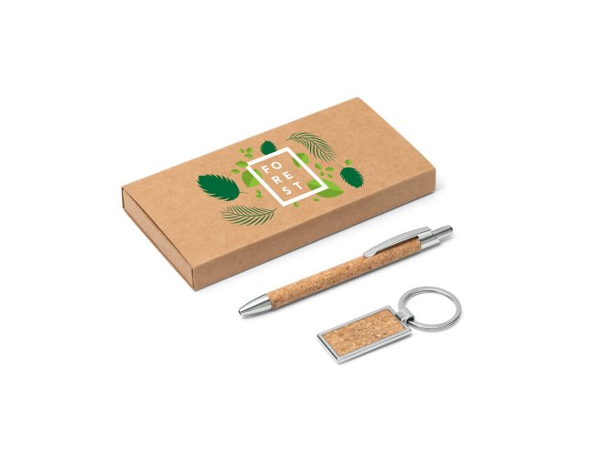 Lavre. Kit Esferográfica E Chaveiro Em Metal Com Acabamento Em Cortiça