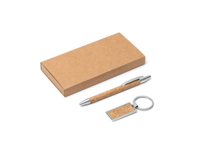 Lavre. Kit Esferográfica E Chaveiro Em Metal Com Acabamento Em Cortiça